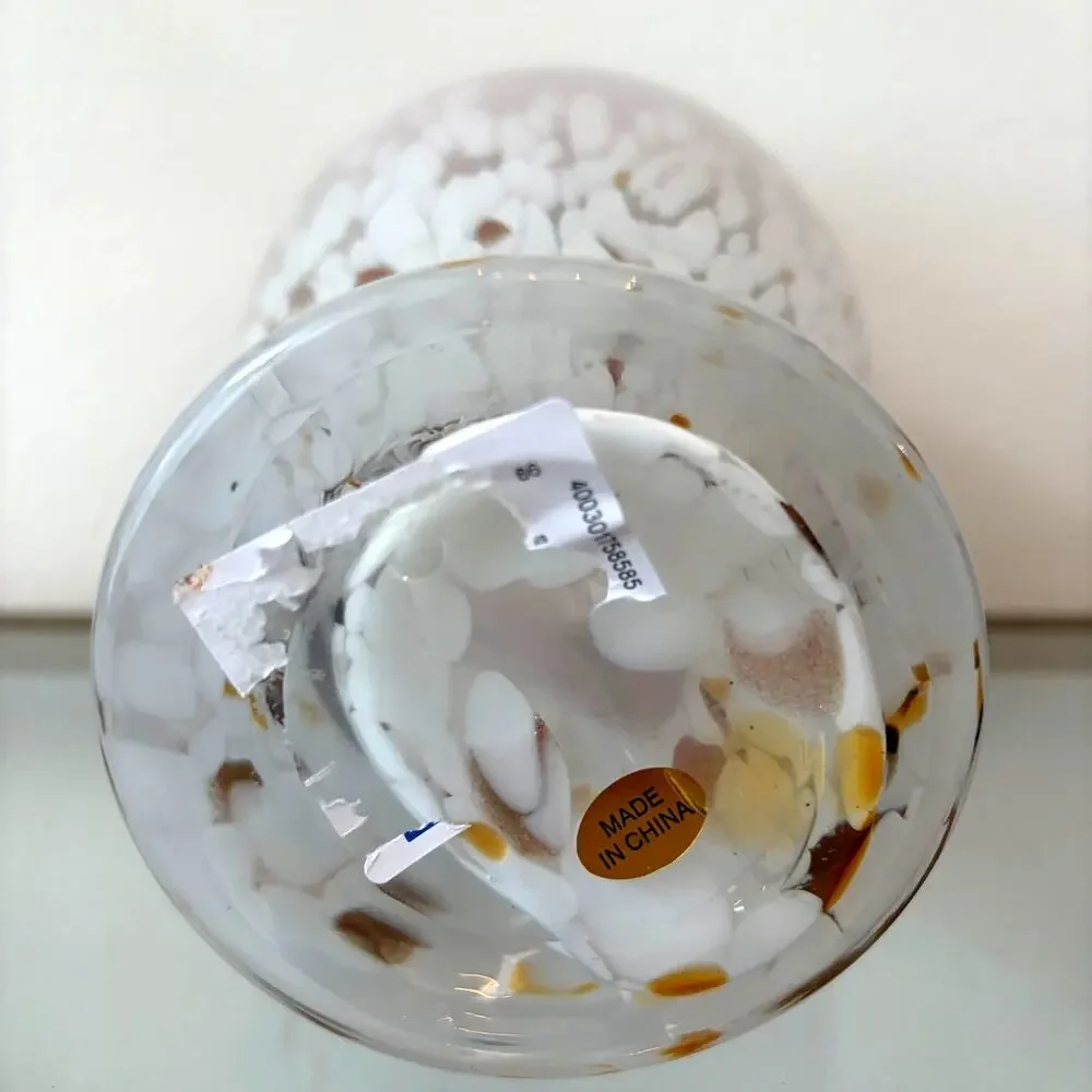 Murano Style Art Glass Vase 11.5in Pastel Pink White Speckled Gold Accents NEW